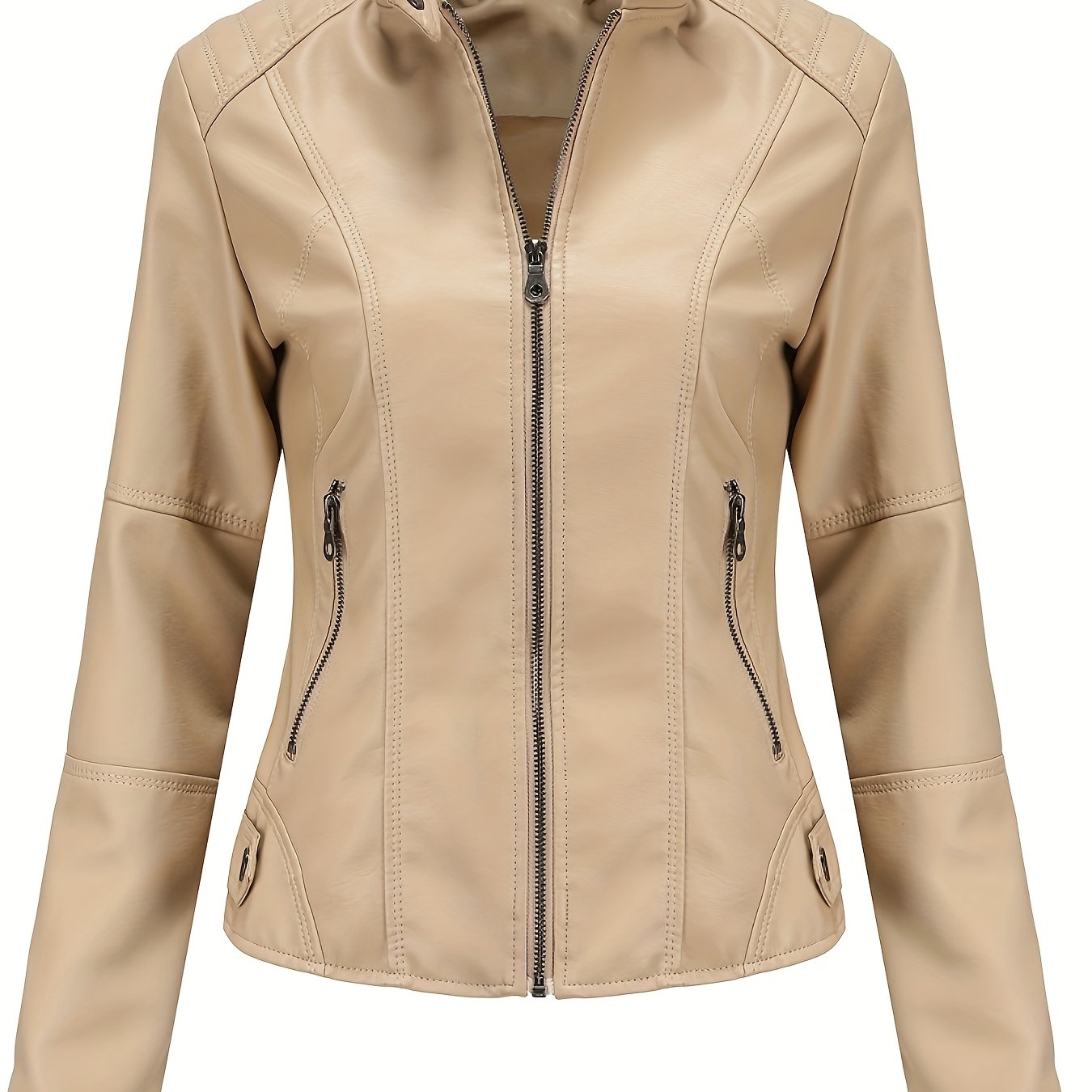 Beige biker style jacket for women, ideal for spring/fall with zipper details, stand collar, and slant pockets. Functional and sleek for casual outerwear.