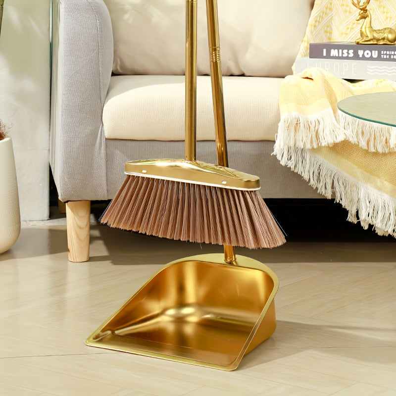 PMMJ Golden Stainless Steel Broom and Dustpan Set - Durable, Long Handle for Indoor/Outdoor Use, Vertical Design for Easy Cleaning, Upgrade Dustpan