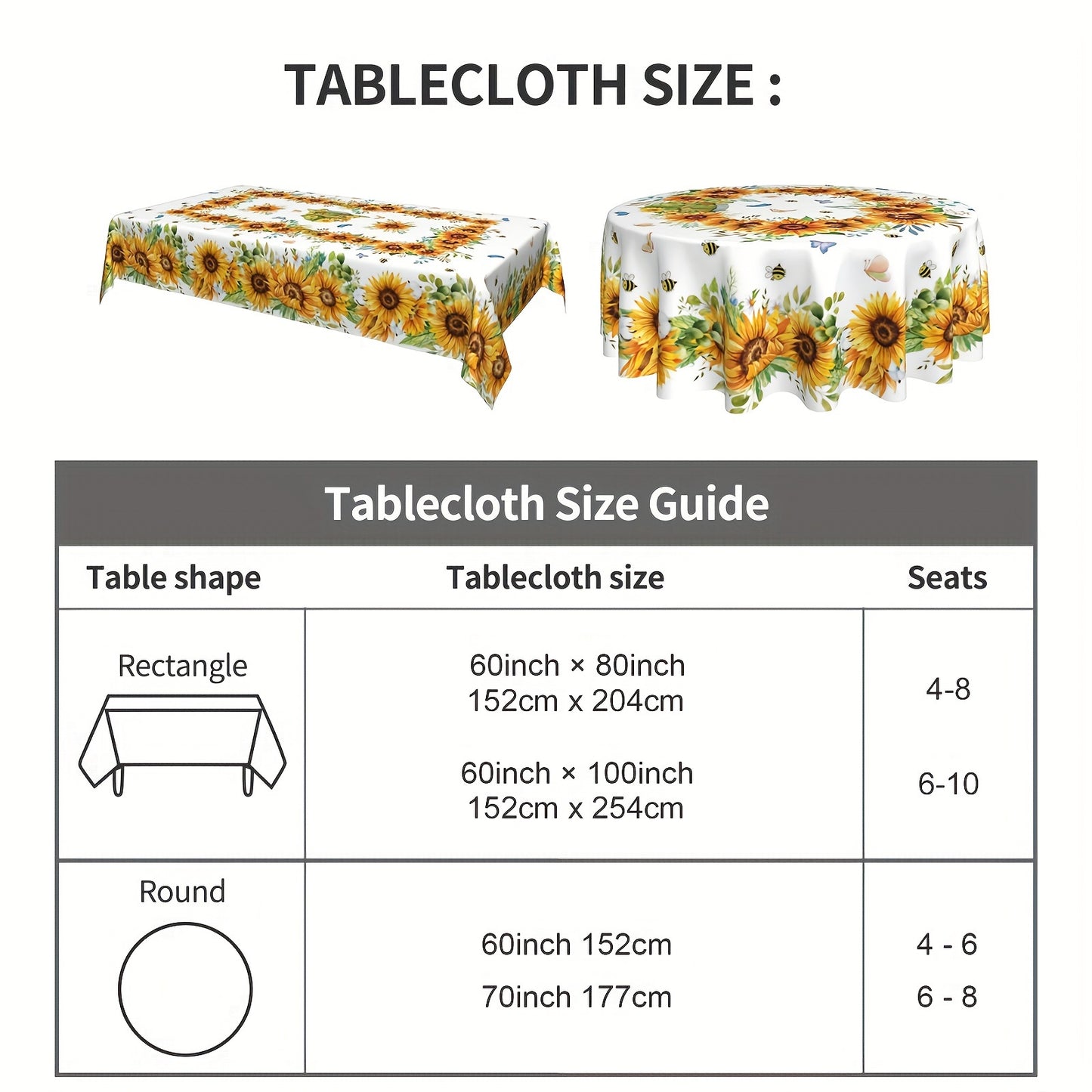 Summer sunflower tablecloth with vibrant floral design, butterflies & bees. Stain & wrinkle-free polyester, round farmhouse style for home kitchen, dining, picnic decor. Great gift. Sunflower pattern. Stainfree fabric for sunflower kitchen decor.