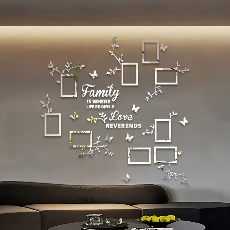 A puzzle sticker set with flower branches, butterflies, and 9 photo frames for DIY wall decoration in various spaces.