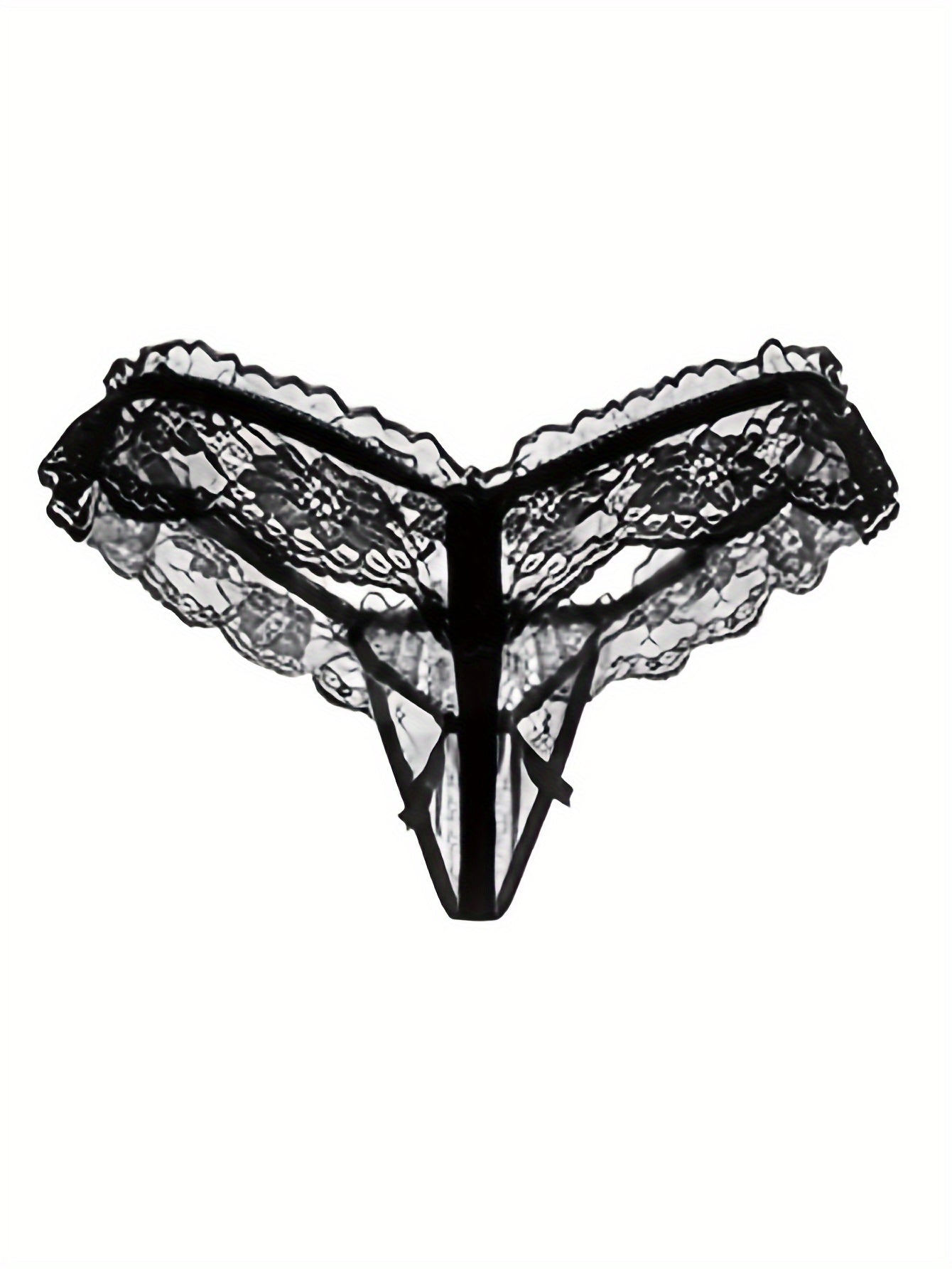 Lace thongs with bow knot and faux pearl decoration, open crotch intimates for women's lingerie.