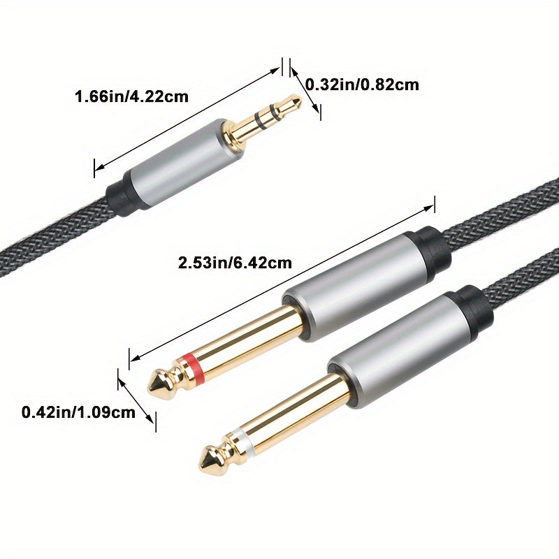 3.5mm to 6.35mm 2-in-1 audio cable with nylon mesh aluminum alloy construction. High-fidelity sound quality for PC, phone, tablet, and MP3 with 3.5mm jack; speaker, guitar, microphone