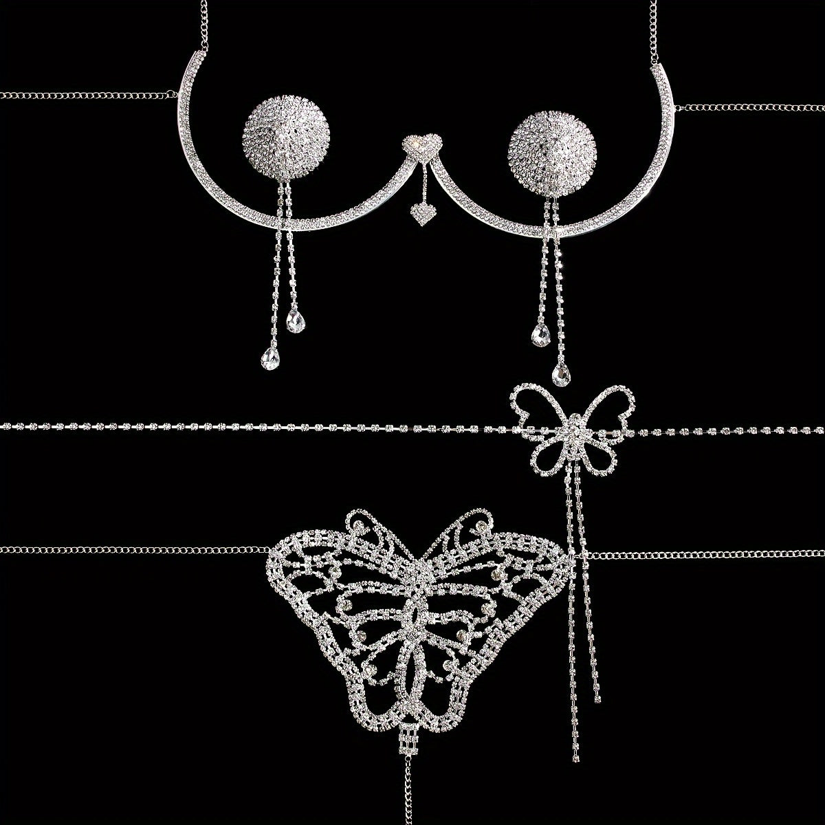 Collection of four pieces of women's alluring and glamorous rhinestone-embellished bikini thong body chain set