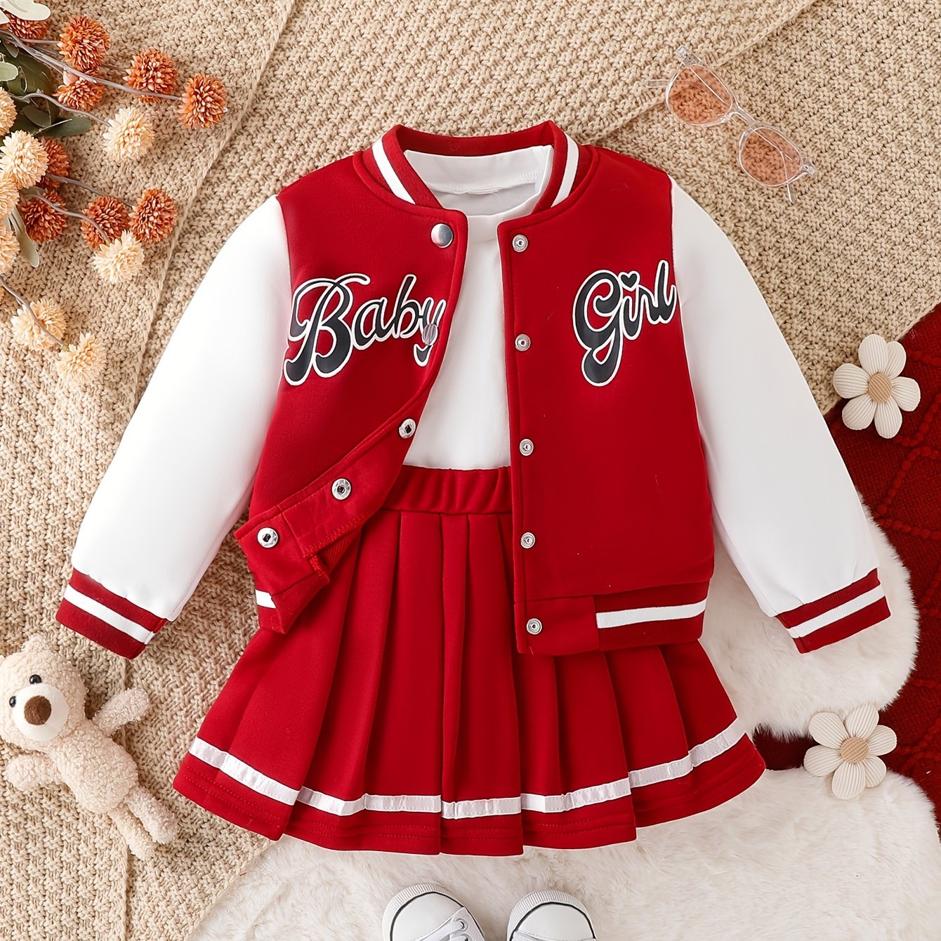 Preppy Style 2-piece BABY GIRL Print Baseball Jacket and Pleated Skirt Set for Parties and Sports, a perfect gift idea.