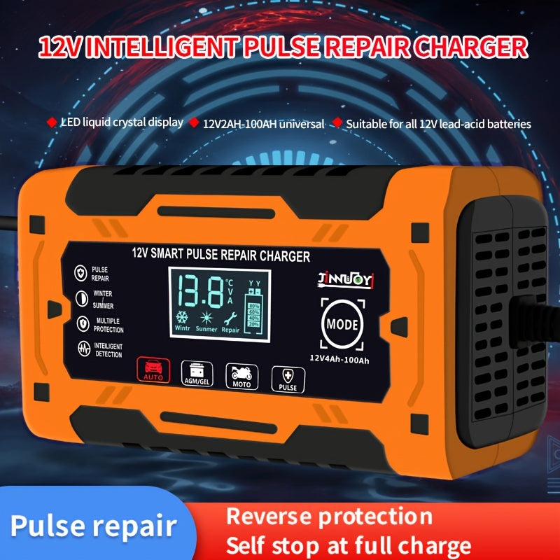 12V 6A automatic battery charger with repair function, LCD display, fast charging, suitable for electric devices and car batteries. EU plug included.