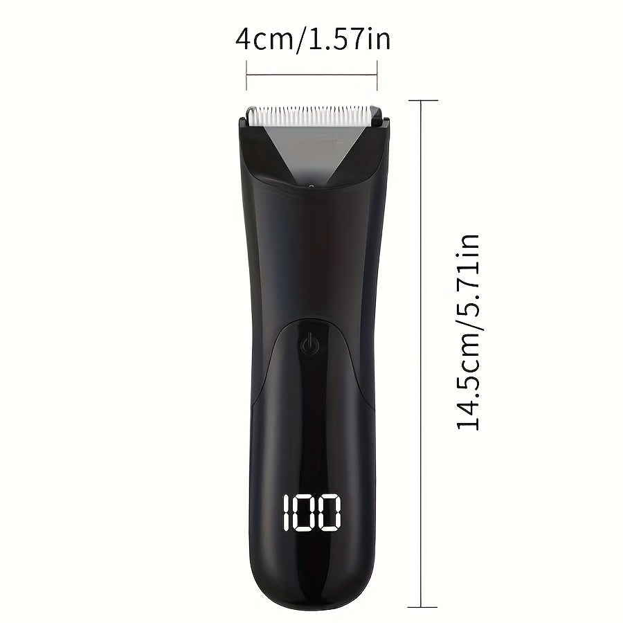 Electric ball trimmer with ceramic blade head, 2 guard attachments, wet/dry shaver, USB rechargeable with 500mAh lithium battery.