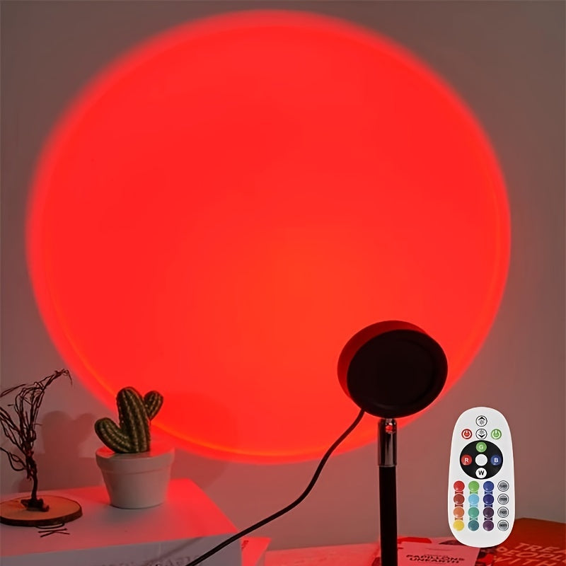 USB-powered sunset projection lamp with 16 color options, eye-safe night light and floor lamp. Features remote control, 360° rotating ambient lighting. Ideal for bedroom, parties, weddings.