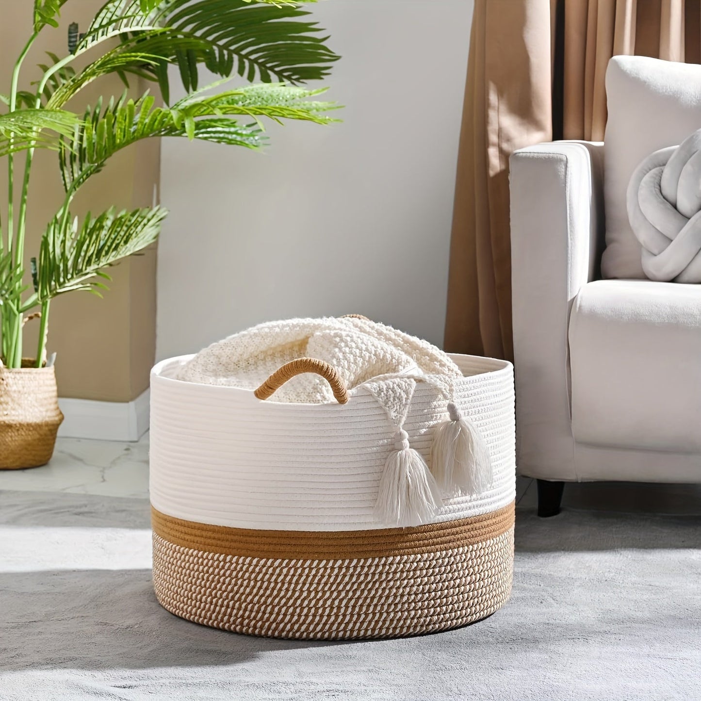 Round Bohemian Style Woven Laundry Basket featuring Handles - Perfect for Bathroom or Living Room Storage - Ideal for Clothes, Towels, Pillows, Toys, and More