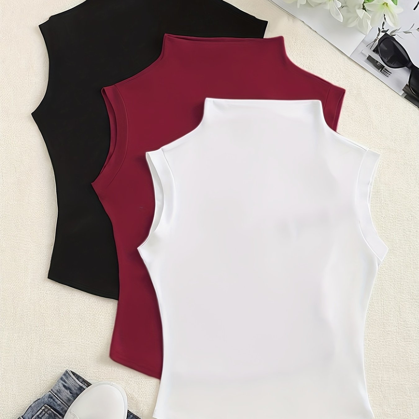 Solid color mock neck tank top, perfect for spring and fall.