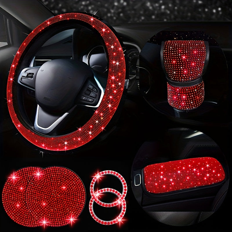 7-piece set of bling car steering wheel covers with cup holder coaster and gear shift knob cover. Made of polyester fiber with auto diamond detailing. Includes armrest pad and start button