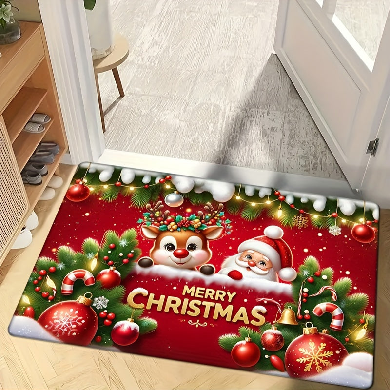 Get into the holiday spirit with this festive red flannel Christmas carpet featuring a non-slip Santa Claus and reindeer pattern. This thickened sponge carpet is perfect for adding a touch of Christmas cheer to your home decor. Use it as a door mat