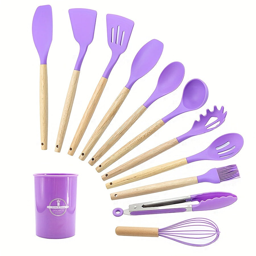 Set of 11/12 pieces Kitchenware with Wooden Handles, including Silicone Non-stick Pot, Cooking Shovel, Spoon, Storage Bucket, and Non-stick Shovel. An essential collection of high-quality kitchen utensils and items.