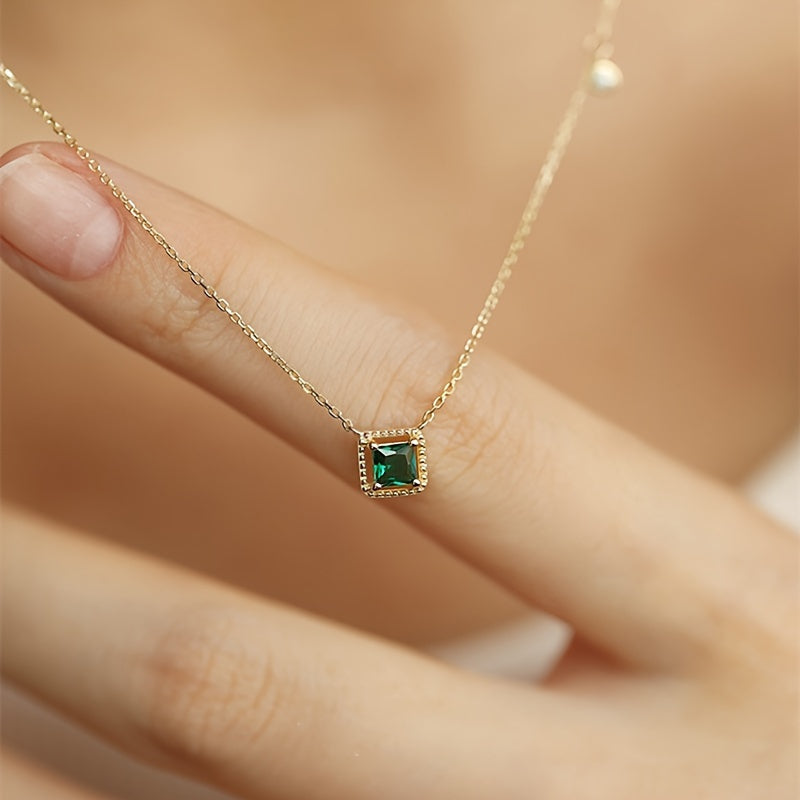 925 Sterling Silver Pendant Necklace with a Hollow Square Green Celestial Symbol and Synthetic April Birthstone Zirconia. This Elegant and Sexy Necklace is 925 Silver Plated, perfect for Daily Wear and as a Gift for Valentine's Day.