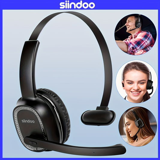 SIINDOO Wireless Noise-Canceling Headset in Black, with Mic, Rechargeable 400mAh Battery, USB-C Charging, Perfect for Office, Business, Truck Drivers. Great for office communication