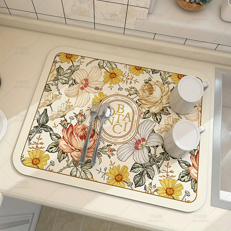 Floral Pattern Coffee Machine Mat, Multi-Functional Dish Drying Pad with Silica Gel Non-Slip Soft Pad for Kitchen and Bathroom. Easy to Clean with Polyester Cover and Silica Gel Material.