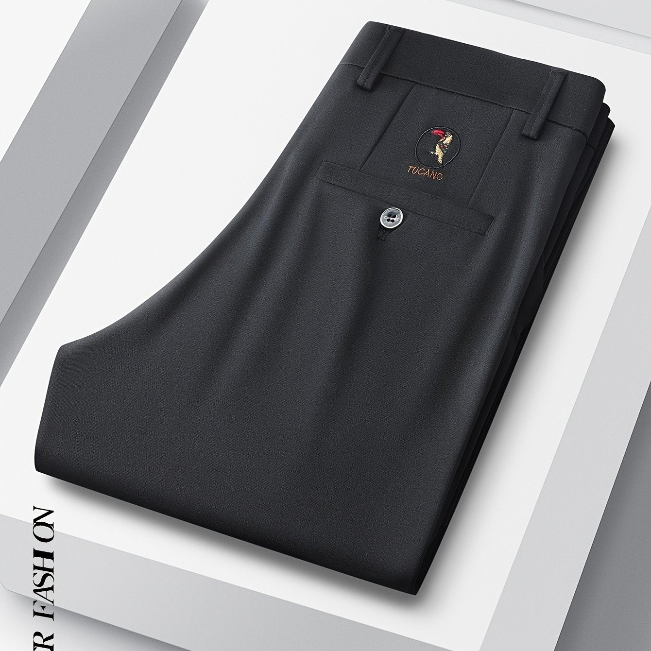 Stretchy black dress pants with bird emblem for men, slim fit, machine washable for business casual and social events.