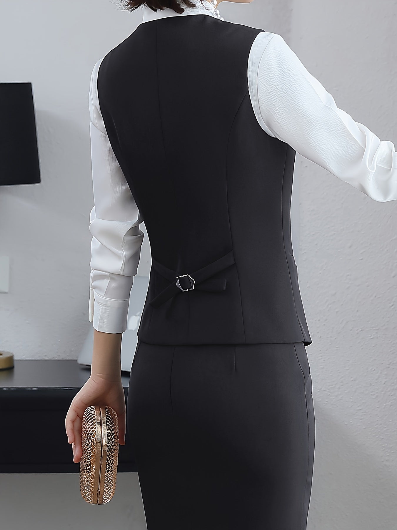 Black V-Neck Sleeveless Blazer with Tie Back, Polyester & Elastane, Ideal for Office - Dark Blue