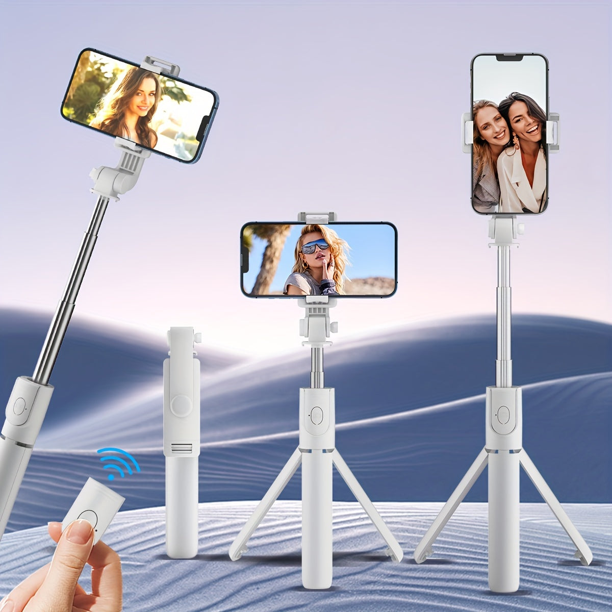 Multi-purpose wireless selfie stick with tripod, remote control, phone holder, and live streaming capabilities, perfect for travel and taking photos.