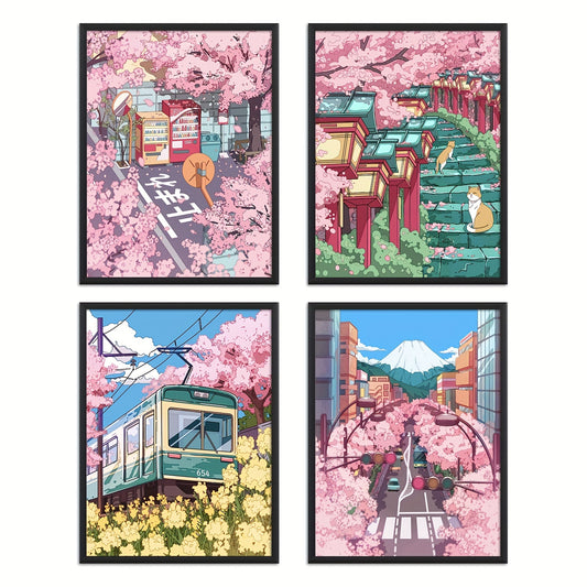 4 Japanese Sakura Anime Wall Art pieces for Preppy Room Decor, perfect for Sakura lovers.