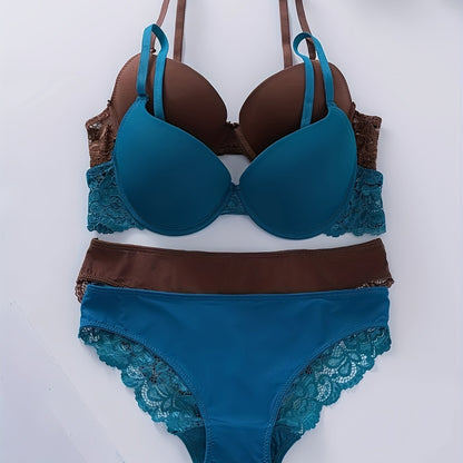 Teal and Brown Lace Lingerie Set - Adjustable Push-Up Bra with High-Support Panties, Non-Padded, Nylon/Elastane Blend