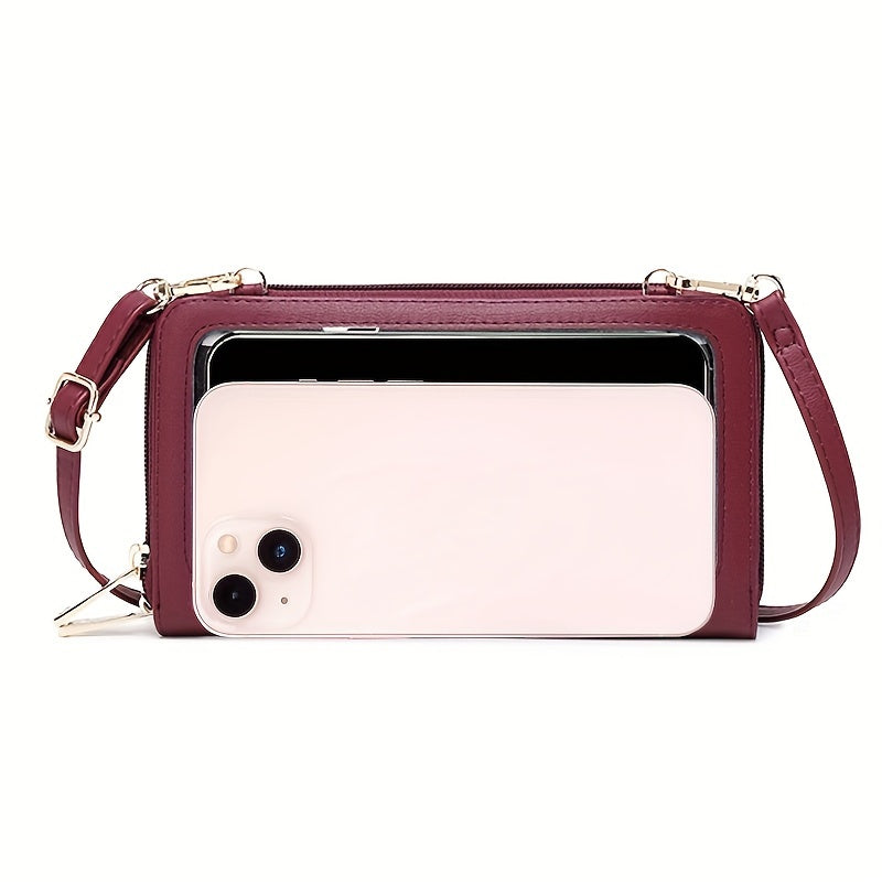 Stylish women's crossbody phone bag with RFID blocking, touch screen, adjustable strap, synthetic leather in red/blue/black. Ideal for everyday use.