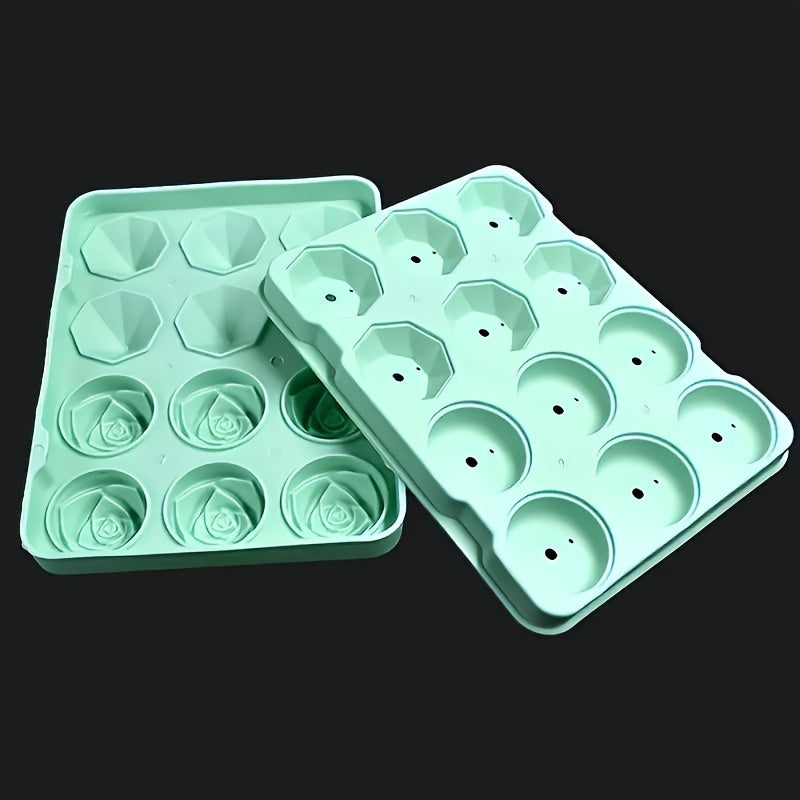 Ice Cube Mold Set - Includes 2 Silicone Trays with Rose and Diamond Shapes. Perfect for making ice cubes, chocolates, puddings, jellies, candies, and whiskey cubes. Great for freezer cocktails and a must-have for any kitchen or apartment. Essential for