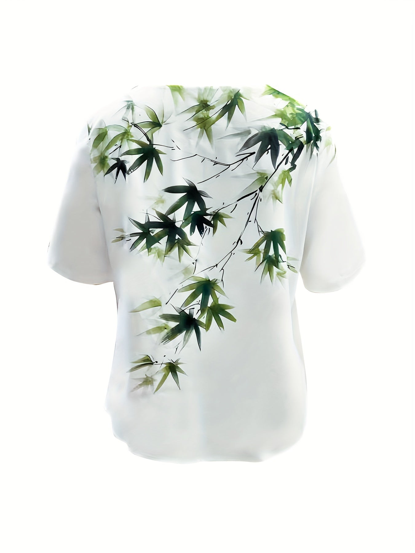 Bamboo print two-piece set: casual short sleeve t-shirt and fitted bottom pants for women.