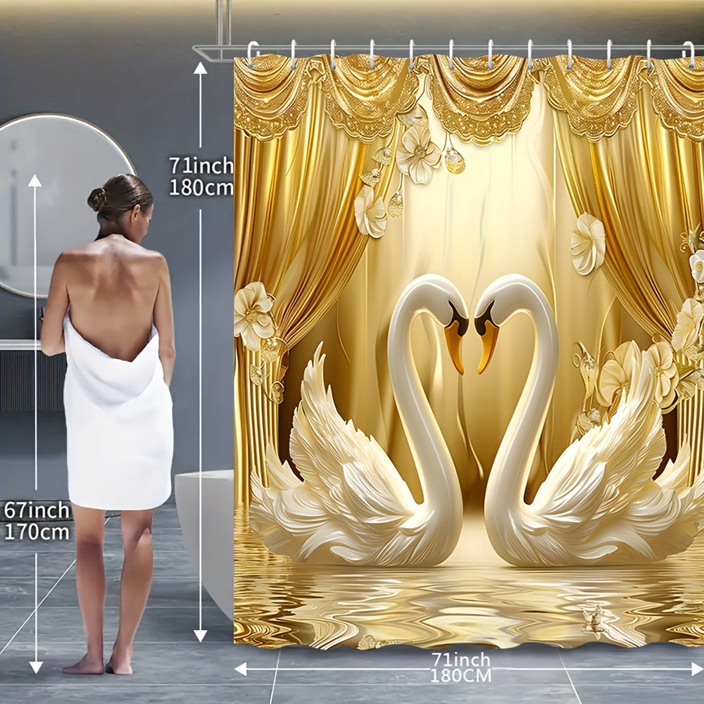 Golden 3D Swans Bathroom Set: Includes Free Hooks, Curtain, Mat, Seat Cover, And Rug - Ideal for Valentine's Day or year-round romance