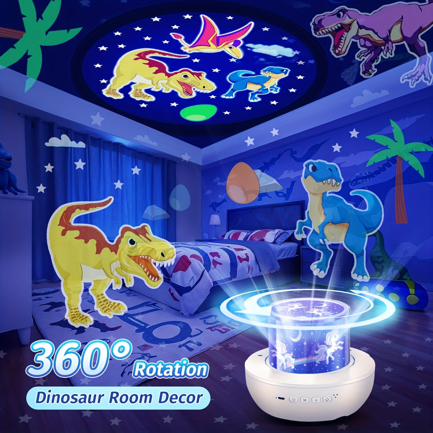 PIKOY Star Projector Night Light features 15 films, 7 colors, music speaker, remote timer, 360° rotation, silent operation, plastic shade, dual power options, infrared sensor, and