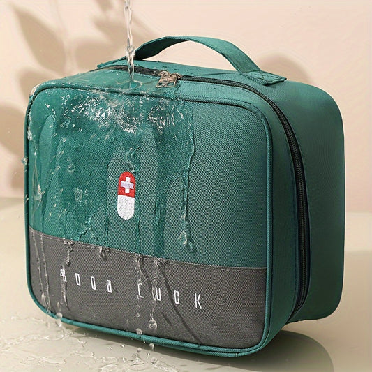 Durable polyester first aid kit with red cross emblem for outdoor use. Water-resistant and compact design, ideal for camping, hiking, and travel. Does not include accessories.