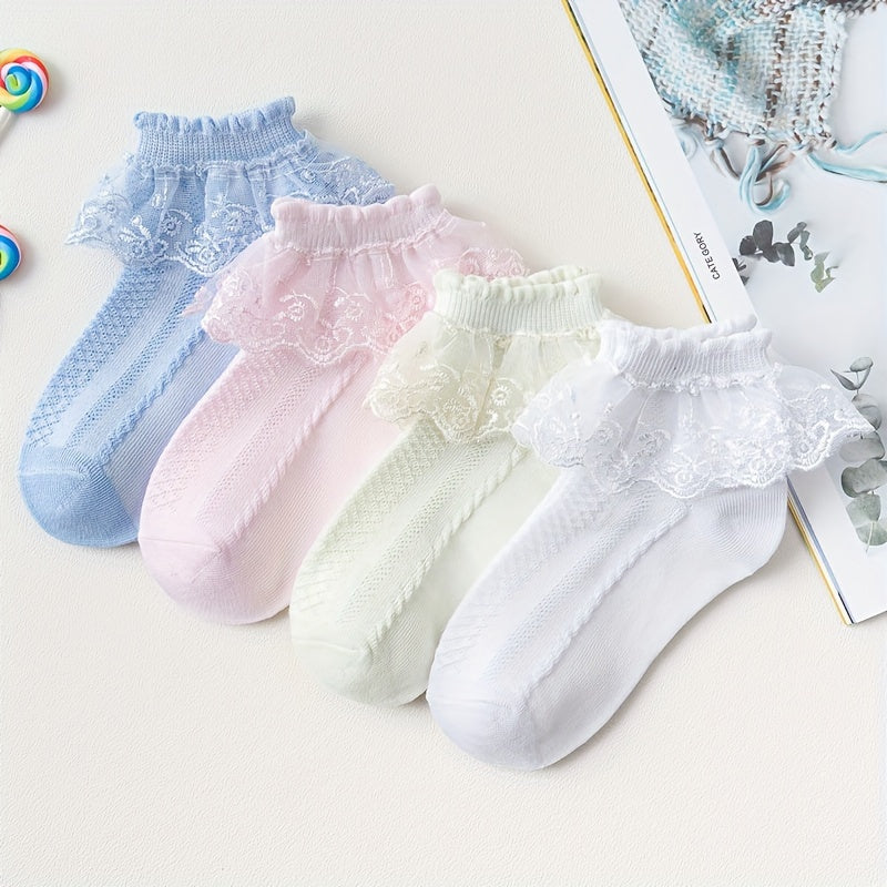 4 pairs of lace ruffle trim crew socks for girls, breathable and comfy princess dance socks.