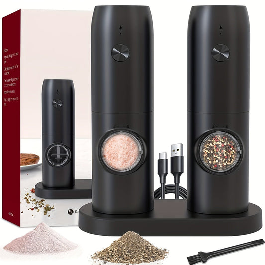 Set of 2 Electric Salt and Pepper Grinders, Rechargeable via USB with LED Light, One-Handed Operation, Adjustable Coarseness, Refillable Base, Kitchen Gadgets and Supplies, Perfect for Christmas or Halloween Gifts