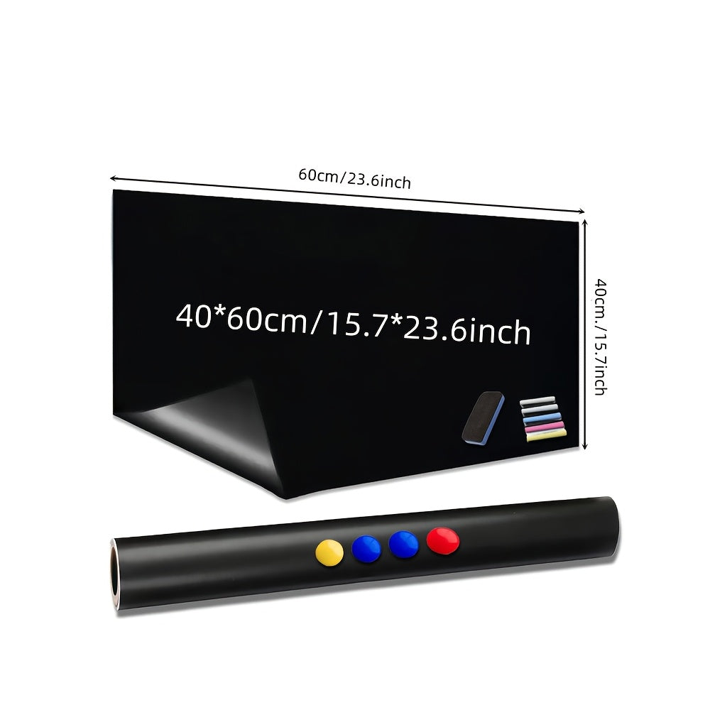 Erasable magnetic blackboard film for smooth surfaces in office and home settings. Includes eraser and 4 magnets.