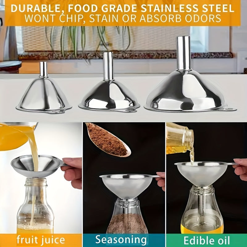 Set of 3 Multi-Purpose Funnels - Constructed from Stainless Steel with Heat Resistance, Ideal for Pouring and Measuring Various Liquids such as Milk, Wine, Oil, Juice, Honey, and Sauces - Must-Have Kitchen Tools for Every Day Cooking and Baking