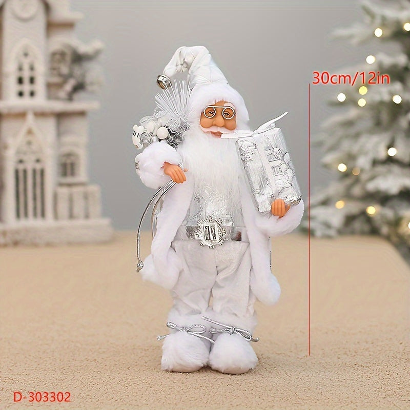 Santa Claus figure decoration with 12-inch height, wearing long fluffy snow boots, perfect for holiday and New Year's decor in homes or businesses.