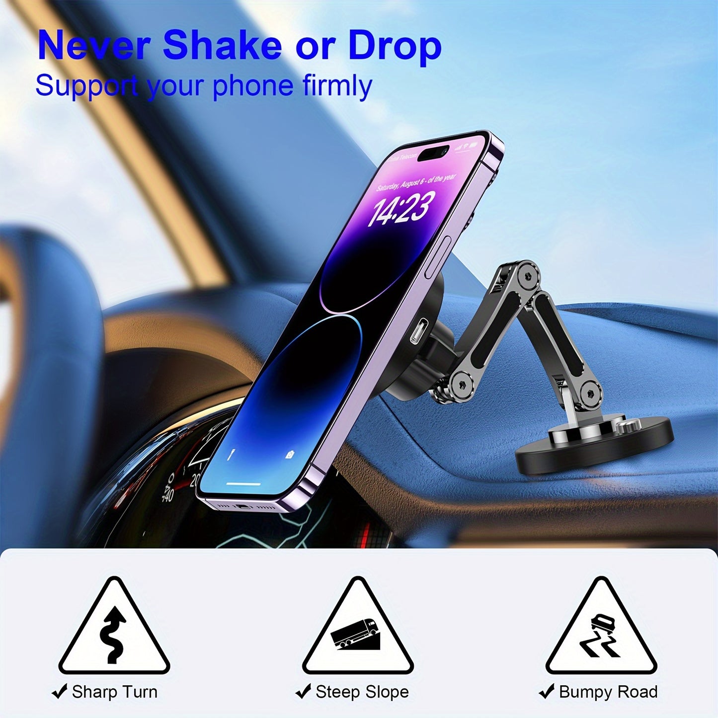 New Car phone magnetic wireless charger 15W with 360-degree rotation, telescopic angle, shake-proof for Apple phones without battery.