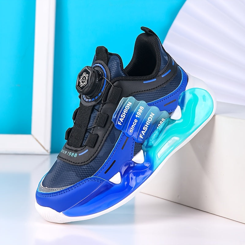 Stylish solid color boys' basketball sneakers with rotating buckle, breathable lining, and EVA sole for running and sports.