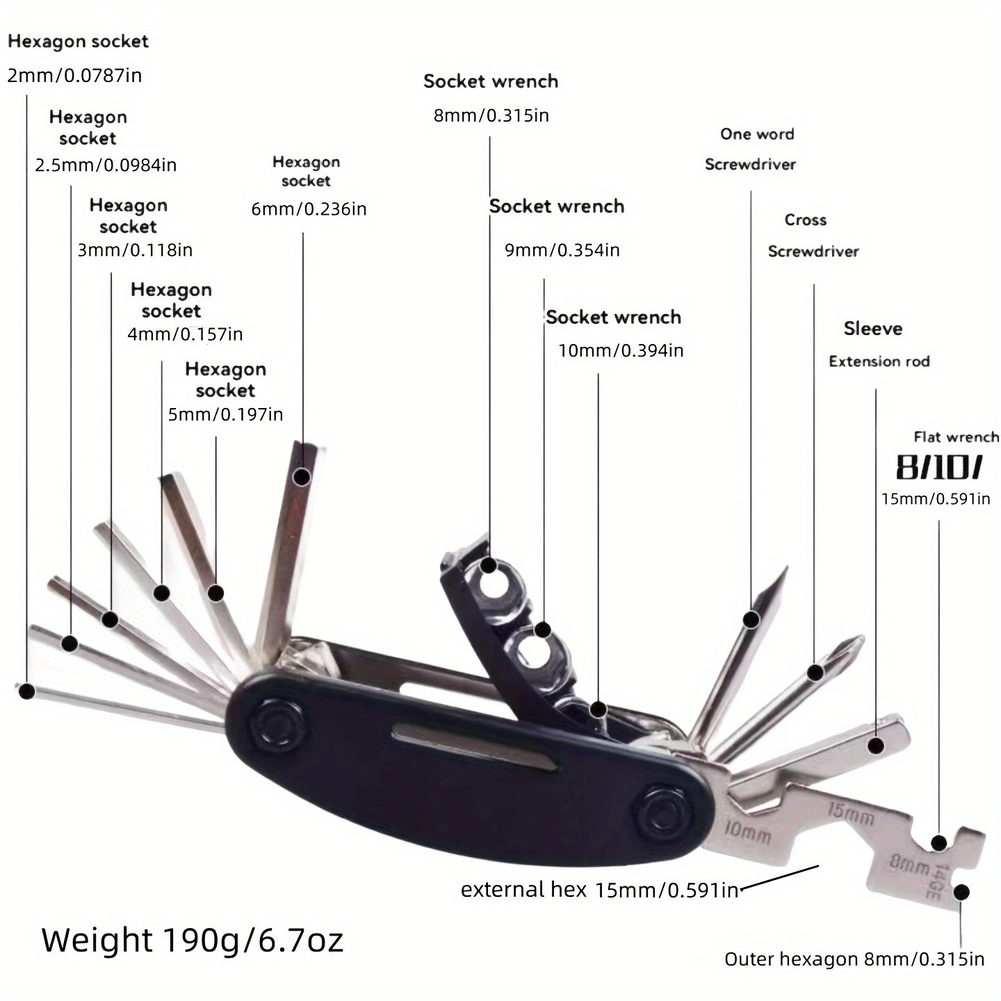 Compact 16-in-1 stainless steel multitool with hex keys, screwdriver set, and combination wrenches.