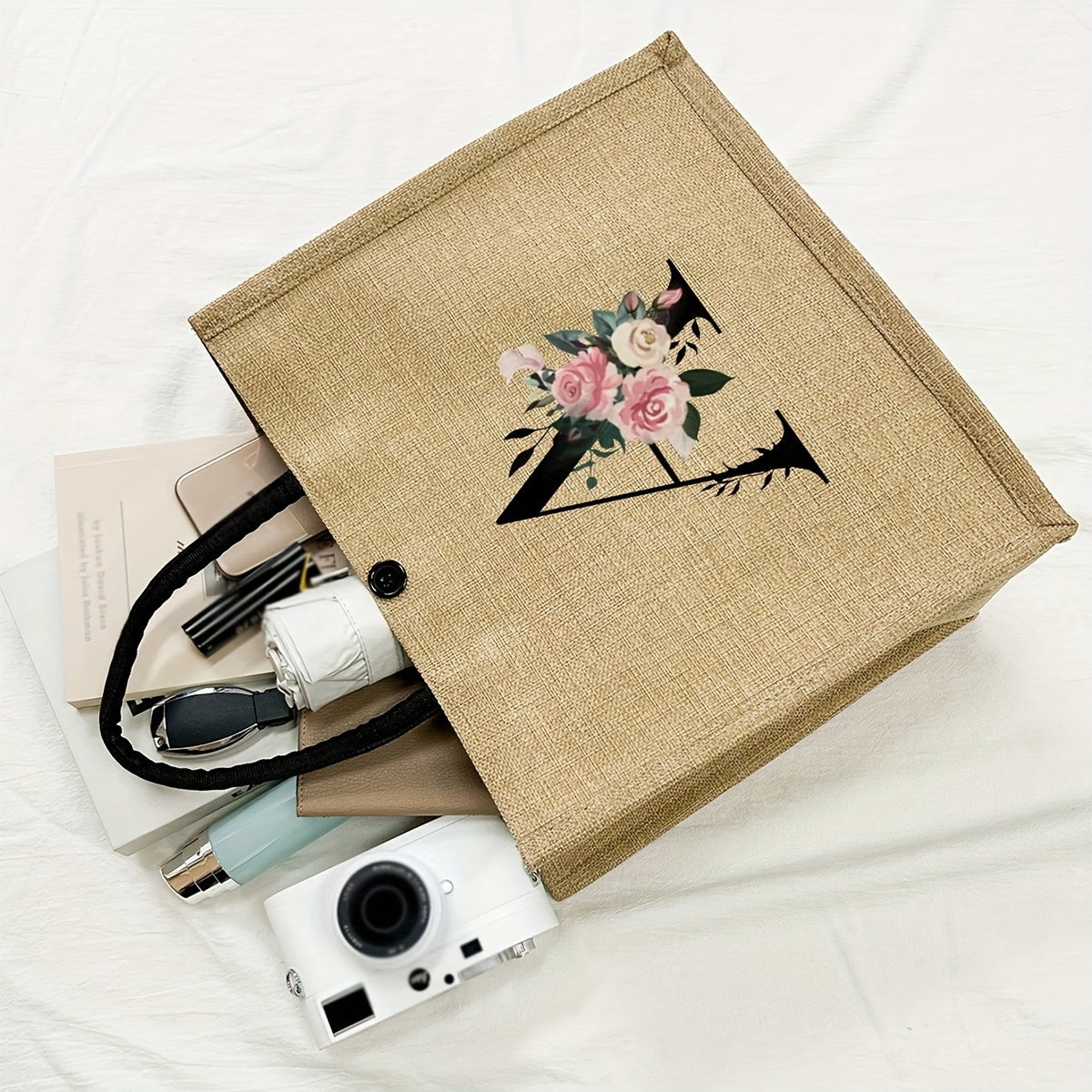 New design linen handbag with large capacity for multiple uses: travel makeup, teacher tote, shopping bag. Perfect gift for women and teachers. Ideal choice for casual storage and shopping.