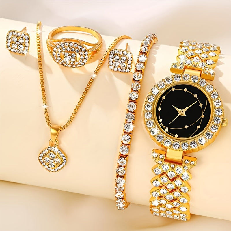 Elegant 6-piece women's wristwatch set features simple round alloy case with rhinestone accents and pointer display. Includes matching fashion accessories.