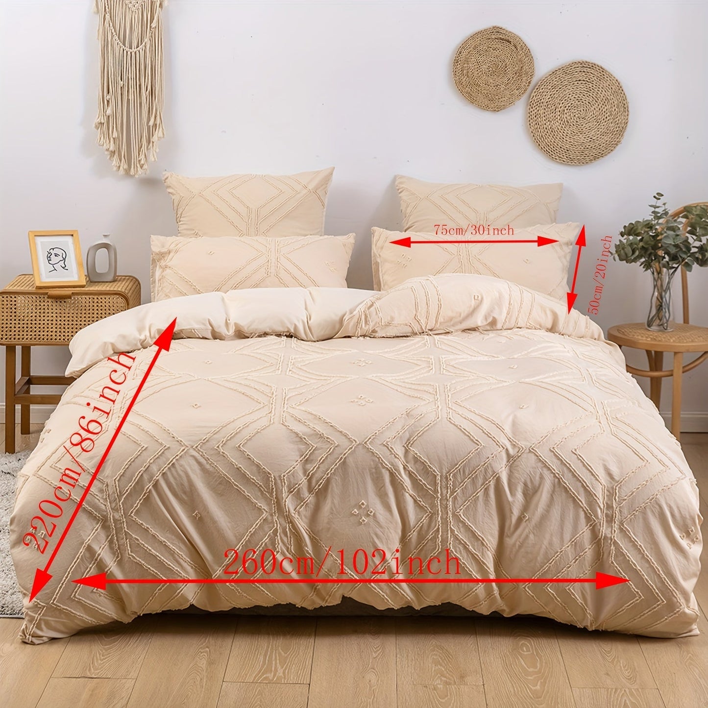 Boho Tufted Duvet Cover Set 1 ta Duvet Cover va 1 yoki 2 ta Yostiq qopqog'ini o'z ichiga oladi (Yadro kiritilmagan). Geometrik Tekstura dizayni va Zipper yopilishi bilan ta'minlangan, bu Yumshoq va Yengil to'shak to'plami barcha fasllar uchun mukammaldir.