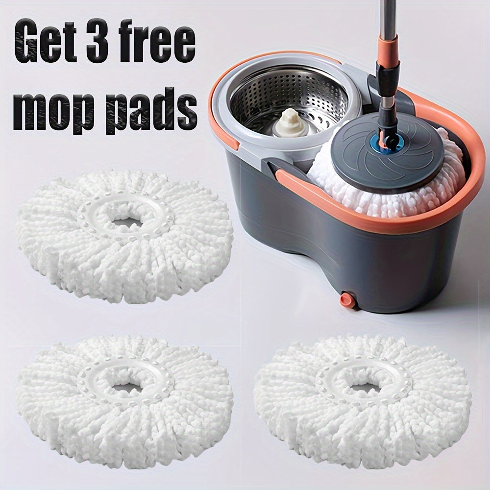 The Spin Mop and Bucket Set includes 3 replacement heads and features stainless steel construction. It can be used for both wet and dry cleaning on hardwood, tile, and marble floors. The easy water separation system ensures efficient cleaning.