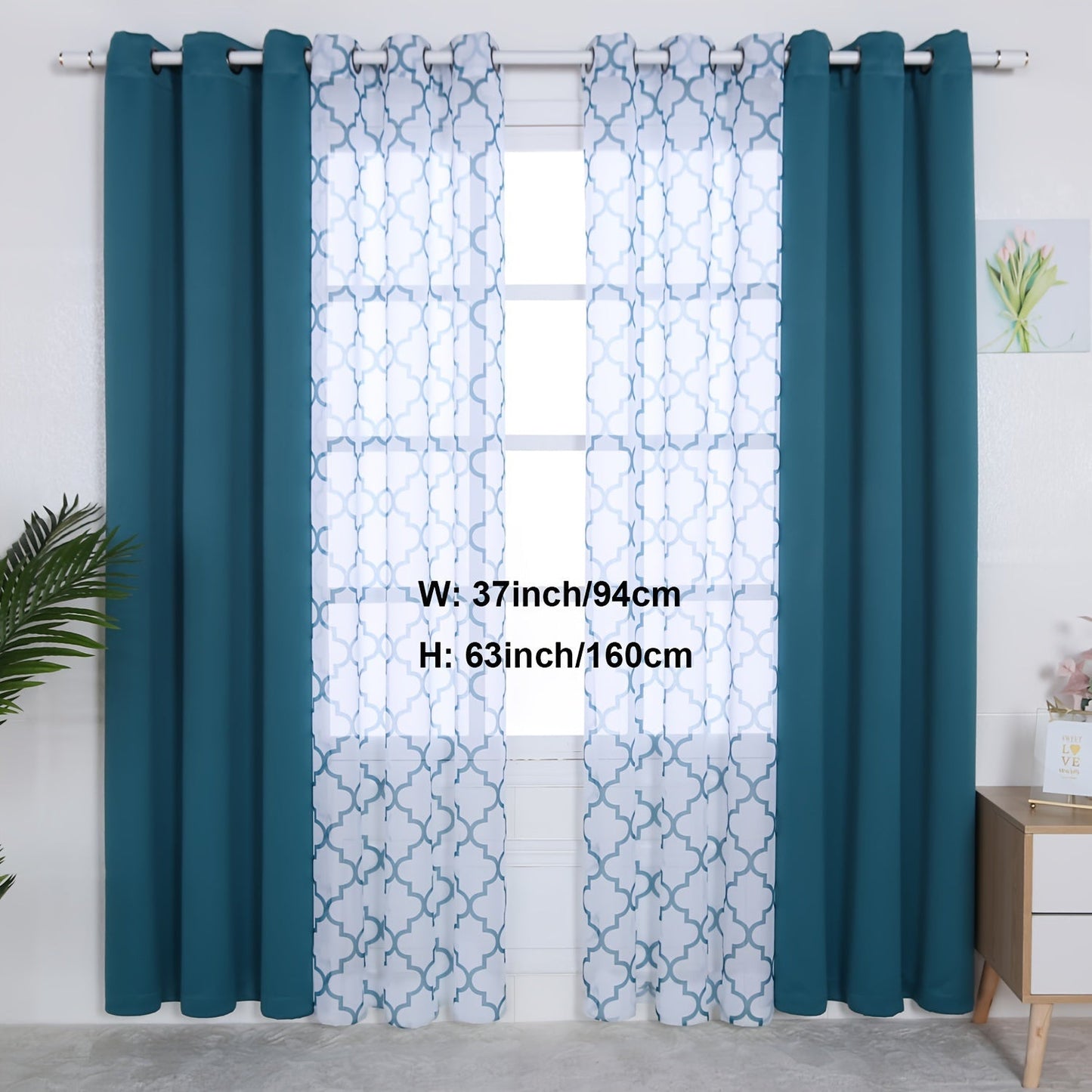 Blackout Curtains and Sheer Panels with Snowflake Pattern, Including Rods, Indoor Set of 4, Weighing 200 Grams in Total.