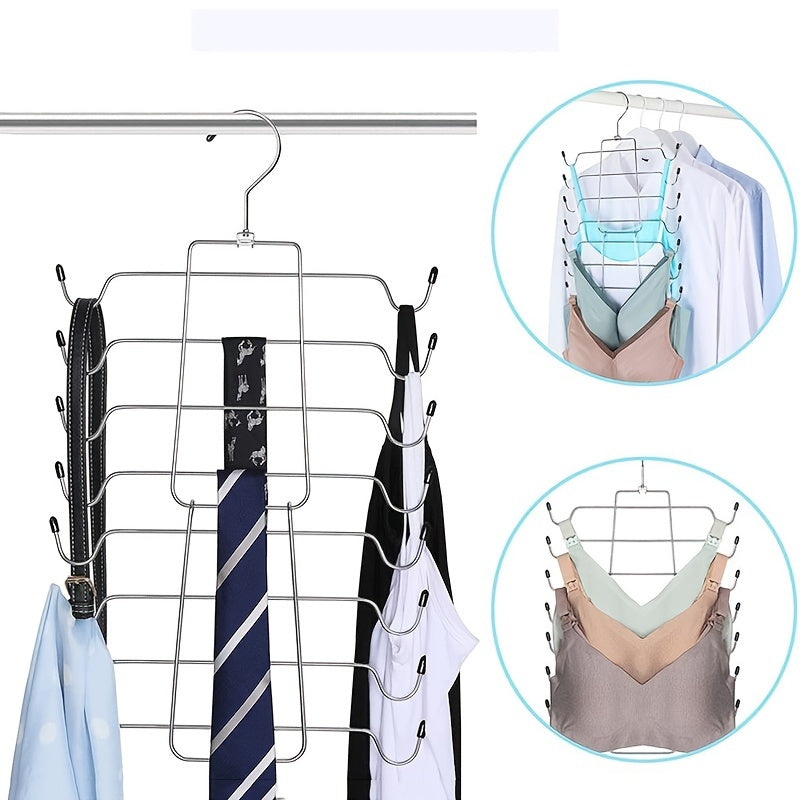 1 piece of Iron Clothes Hanger with 8 adjustable layers for storing clothes in the bedroom. This versatile hanger includes a Bra Holder and is ideal for dorm rooms and bedroom wardrobes. It is designed to help organize your closet effectively.