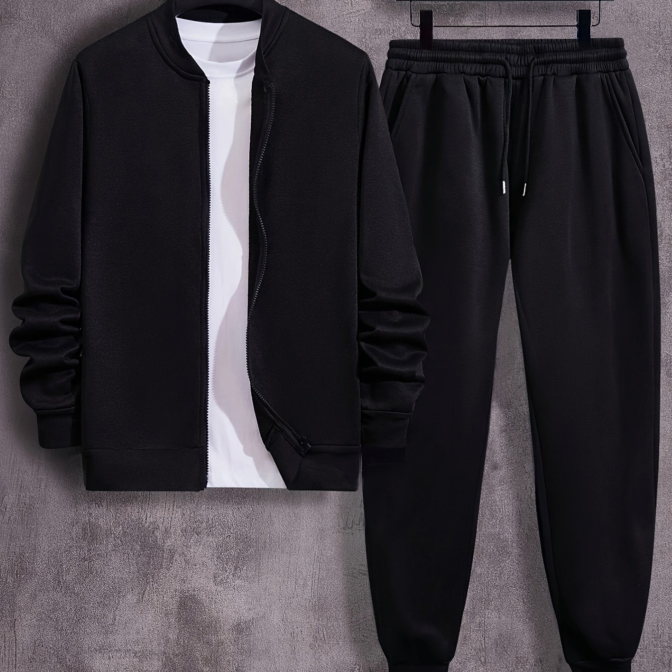 Men's plus size casual sweatsuit set with collared neck, polyester knit, solid color, regular fit.