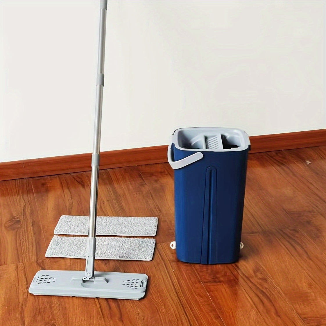 Household Cleaning Set including Mop and Bucket with 2 Mop Pads, Hands-free Flat Mop for Easy Washing, Dust Removal Mop with Bucket for Wet and Dry Cleaning of Tile, Marble, and Wooden Floors. Complete Cleaning Supplies and Tools.