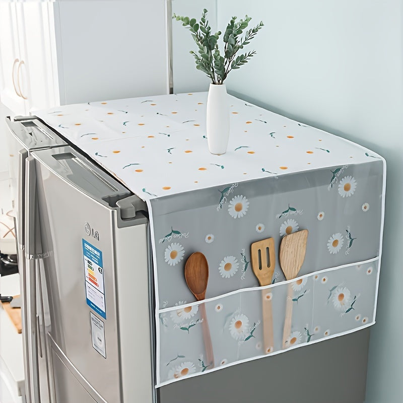 Daisy Pattern Refrigerator Cover - Waterproof & Dustproof, with Storage Pocket - Made of Food-Safe Plastic, suitable for Single & Double Door Fridges and Washing Machines - Includes Protective Cloth Box & Towels