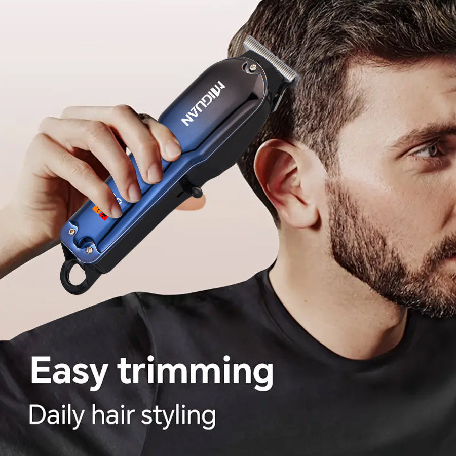 USB rechargeable hair clipper with digital display, 4 blades, ergonomic handle for precision trimming and styling. Ideal gift with sleek blue design.