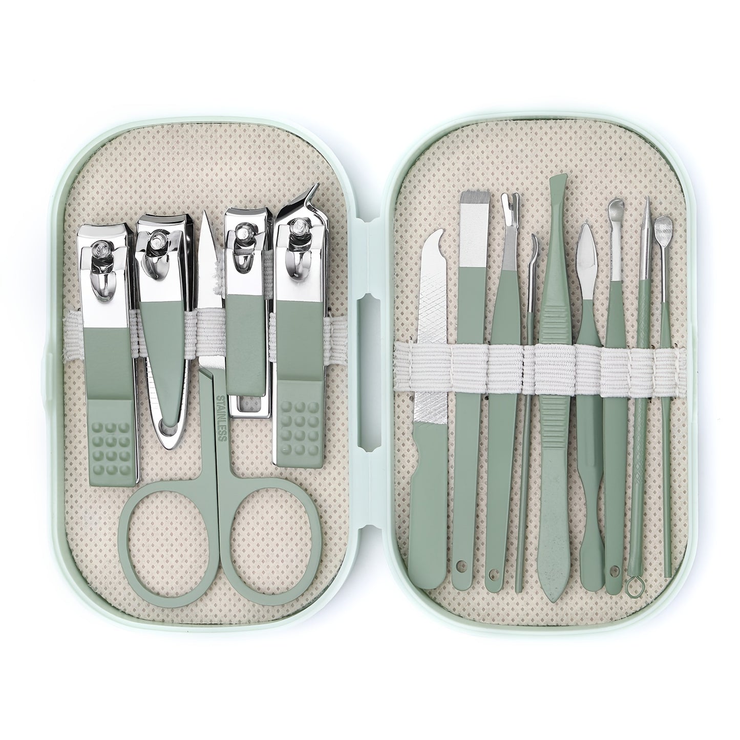 Portable nail art tool set for home use including nail clippers, ear spoon, acne needle, and nail beauty tools.