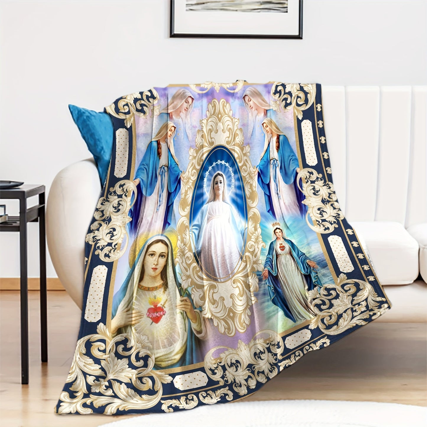 Guadalupe Virgin Mary Religious Blanket in Contemporary Flannel Style - A Soft and Cozy Fleece Throw with Digital Printing, Machine Washable and Multipurpose Gift for Christian Catholics. Made of 100% Polyester, Suitable for All Seasons.